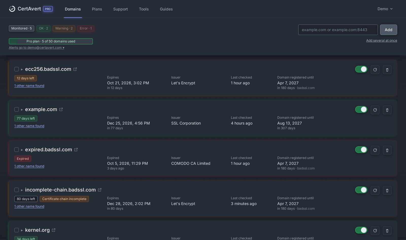 The Domains page: each domain with its status, expiry date, issuer, last check and domain registration date