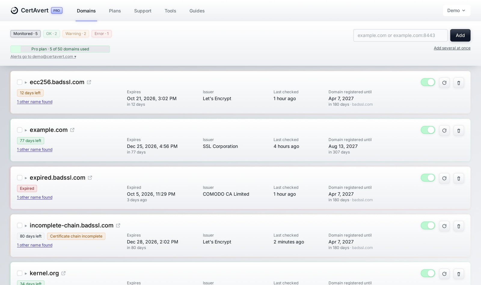 The Domains page: each domain with its status, expiry date, issuer, last check and domain registration date