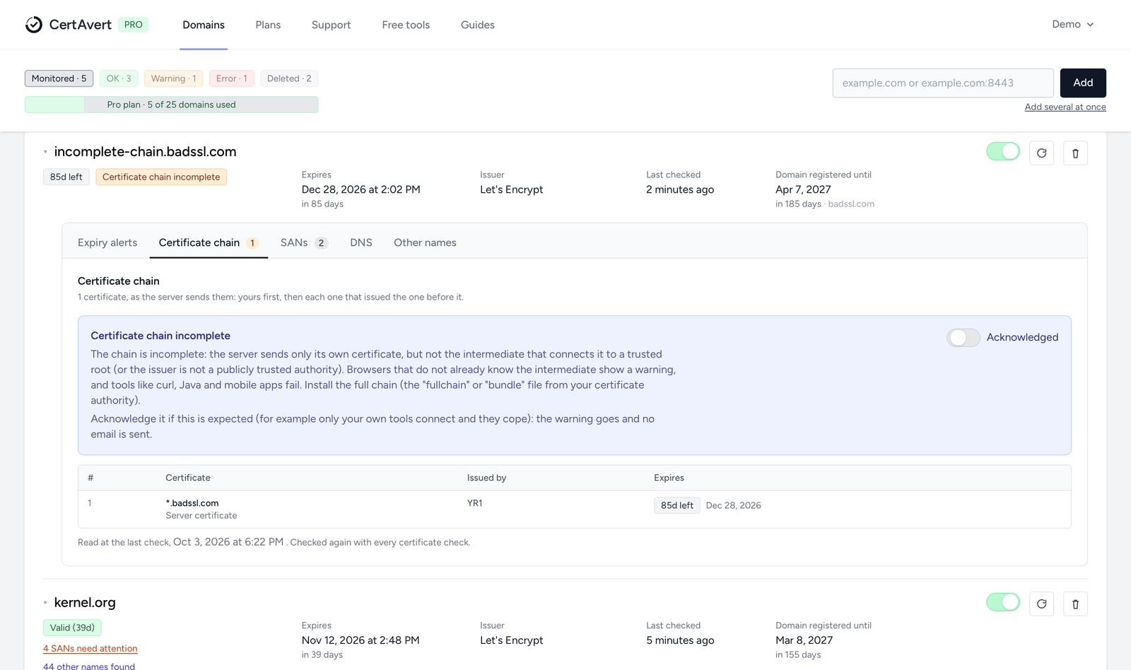 The Certificate chain tab of incomplete-chain.badssl.com: the chain is incomplete, with an explanation and an Acknowledged switch