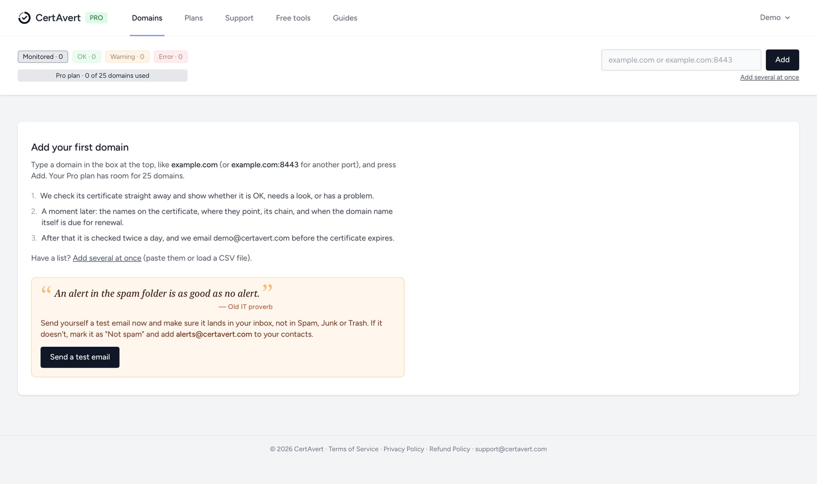 The Domains page of a new account: Add your first domain, what happens next, and a reminder to send a test email